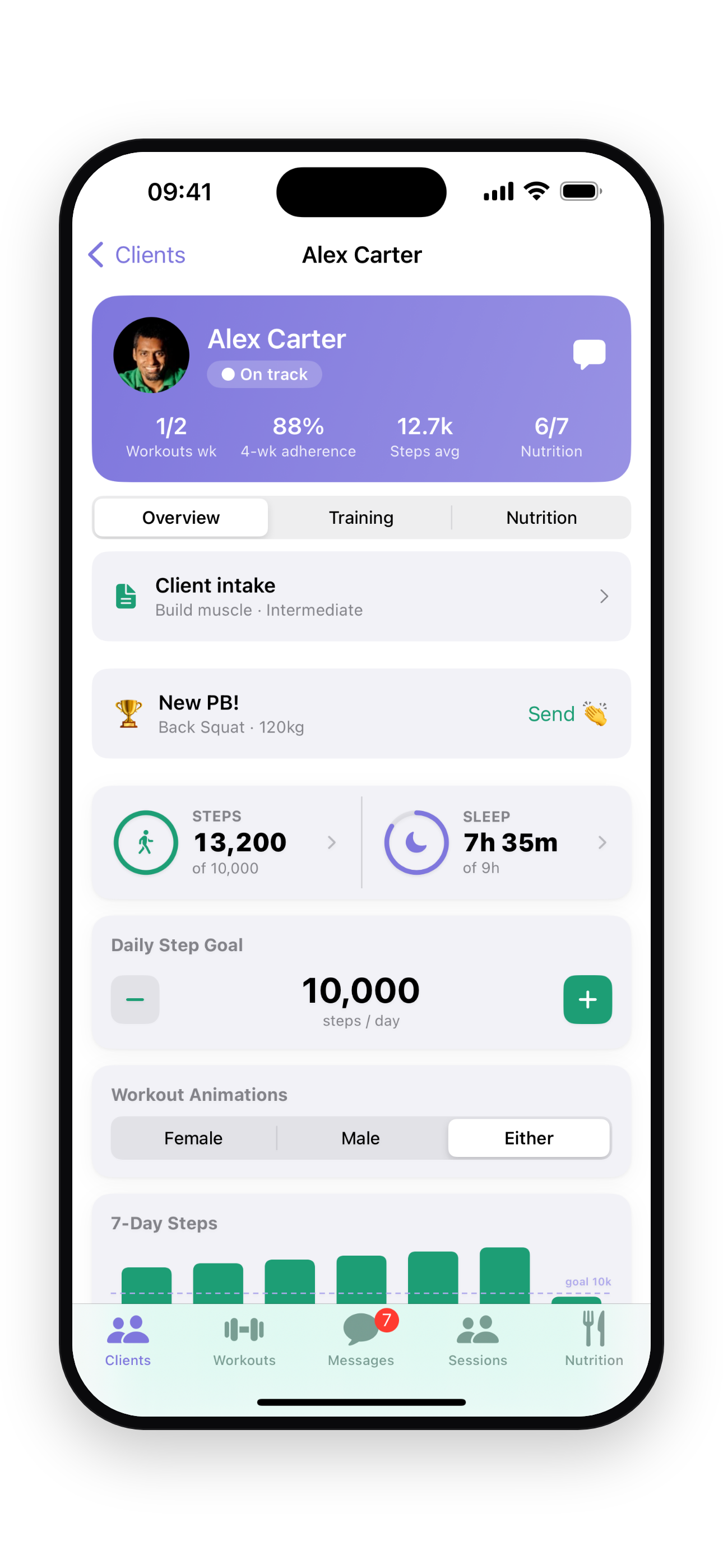 Client progress on the trainer app